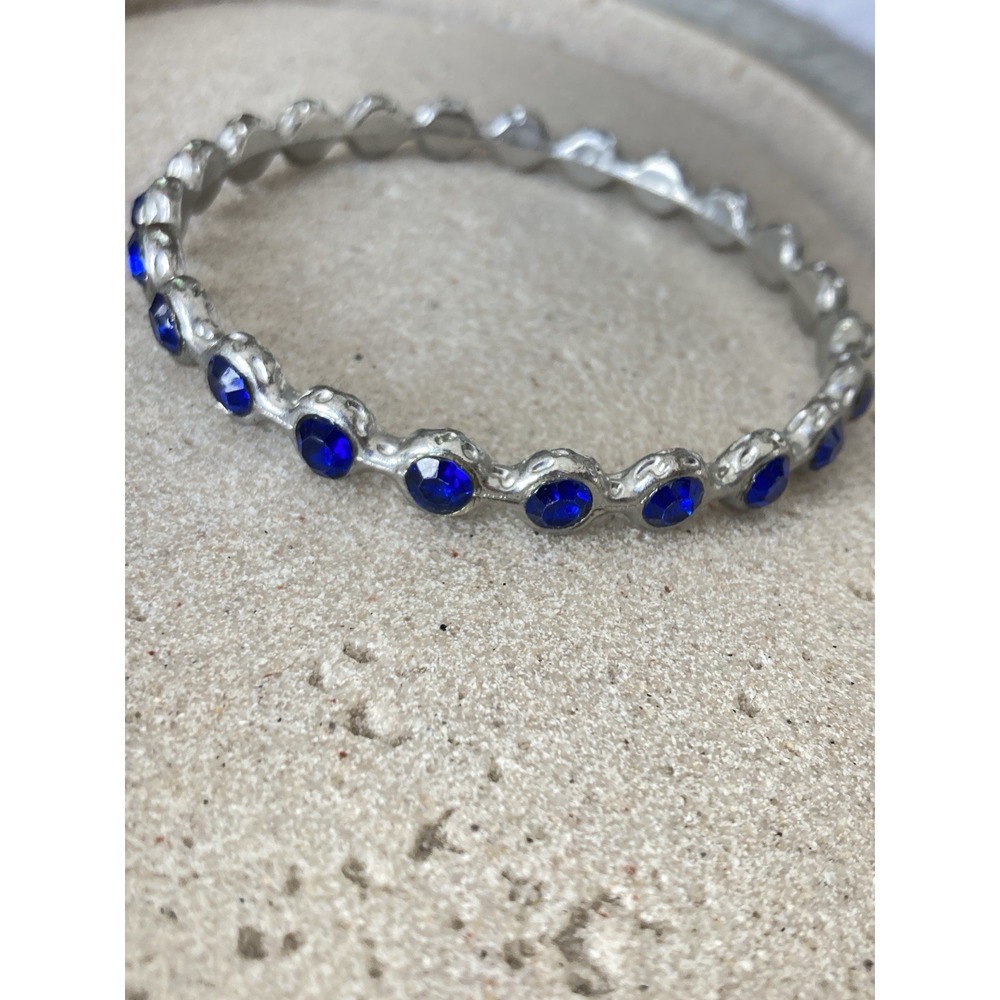 Silver Tone Cobalt Blue Rhinestone Bangle Bracelet Textured Link Stackable